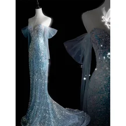 Light Blue Mermaid Evening Dress 2024 New Luxury Off Shoulder Prom Dress Lady Elegant Shiny Tailed Formal Banquet Vestido