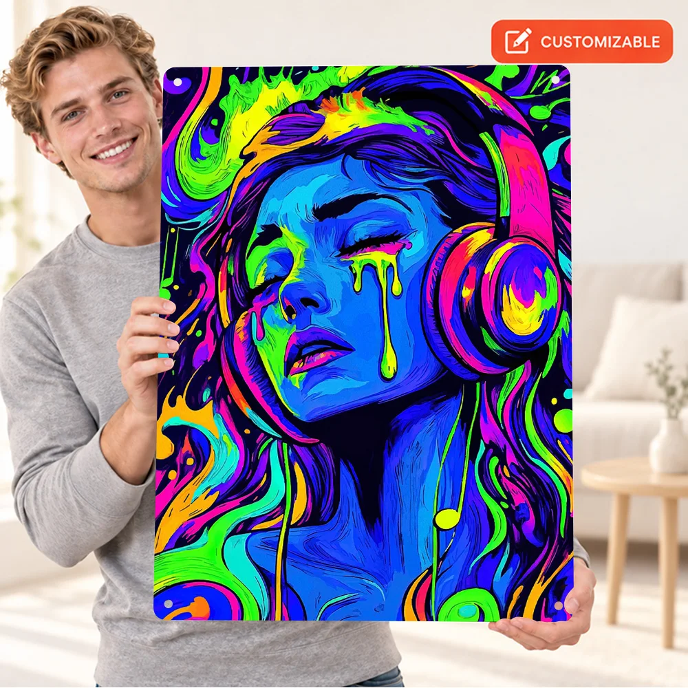 Psychedelic Woman Listening To Music Aluminum Poster Retro Album Aesthetic Studio Wall Art Personalized Metal Sign Unique Gift