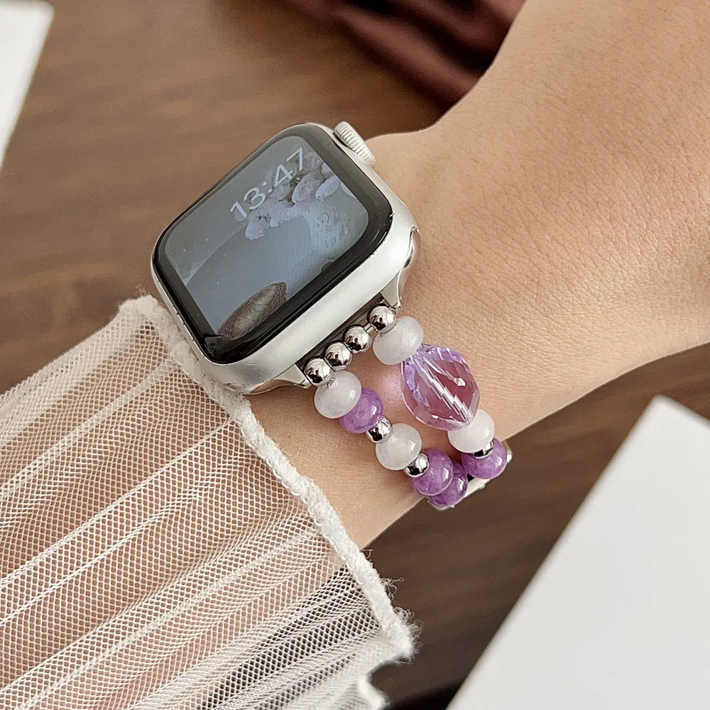 Jewelry Natural Stone Beads Leather Watch Band for Apple Watch 45 49 42 46mm 44 41 40mm Strap for Iwatch Series 11 10 9 8 7 6 SE