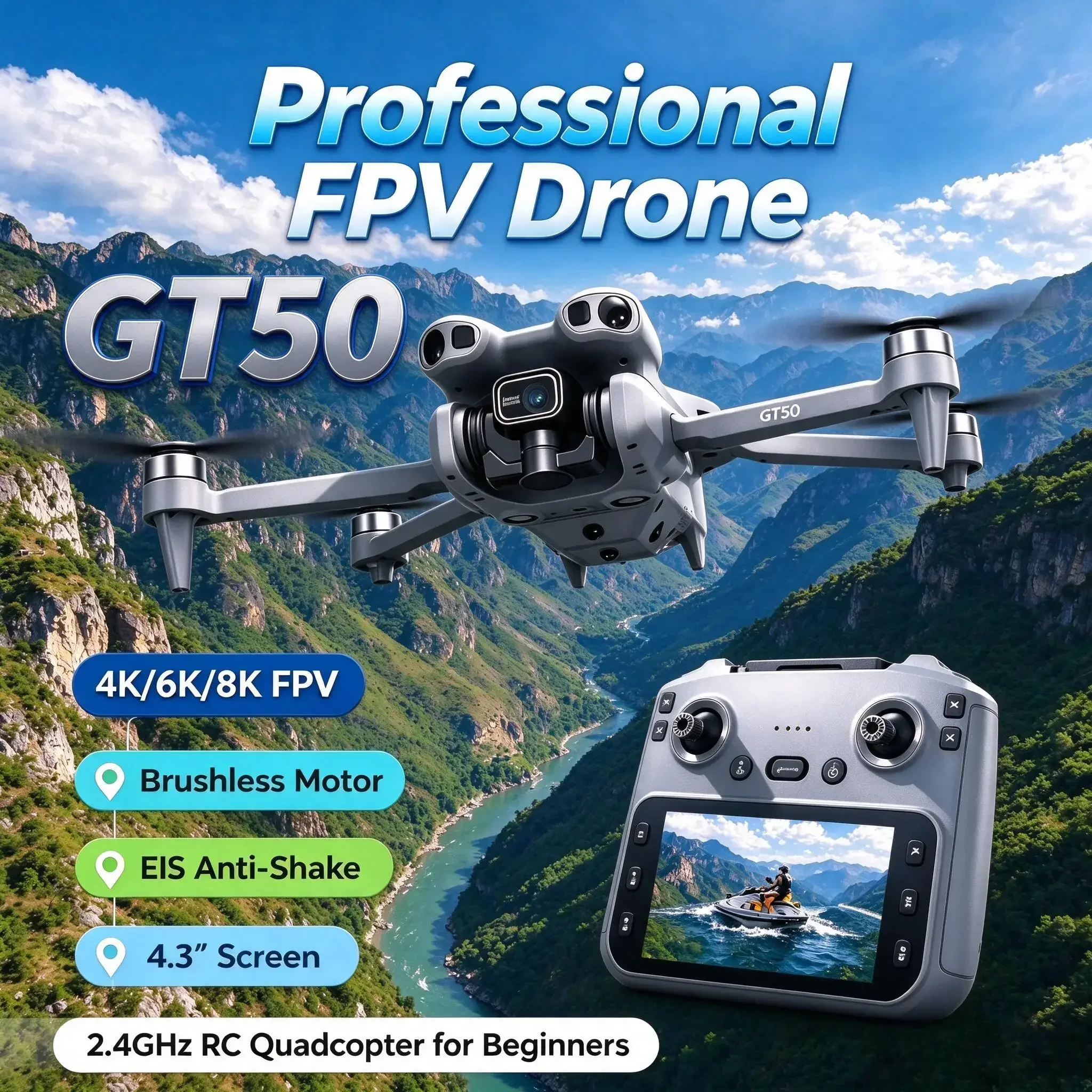 Reliable Motor 4K 6K 8K FPV Drone with Dual HD Camera 4 3 Screen EIS Anti Shake 2 4GHz RC Quadcopter for Beginners GT50 Brushles