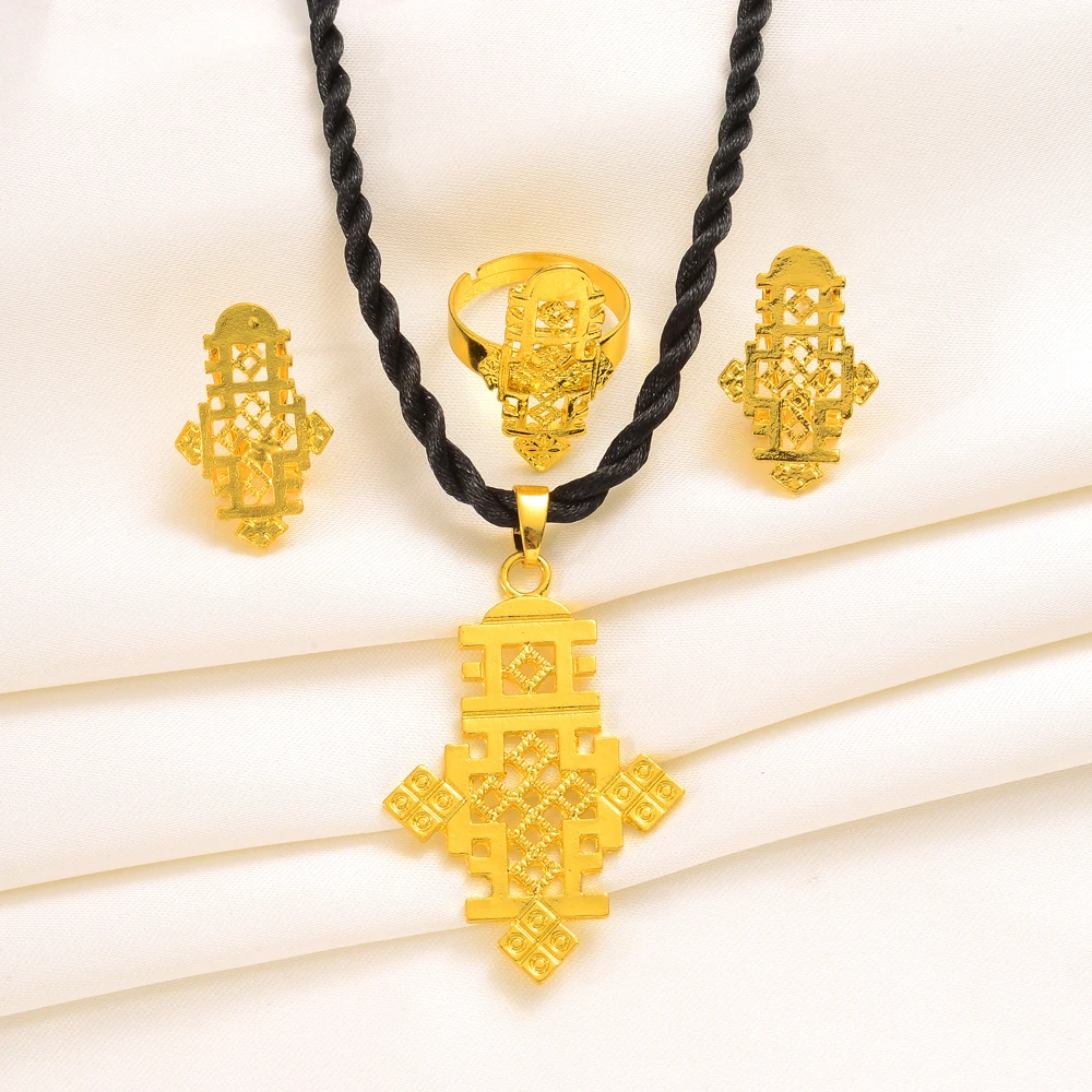 Ethiopian Cross Jewelry sets Necklaces Earrings Ring for Women Girls Gold Color Eritrean African Bridal Goods