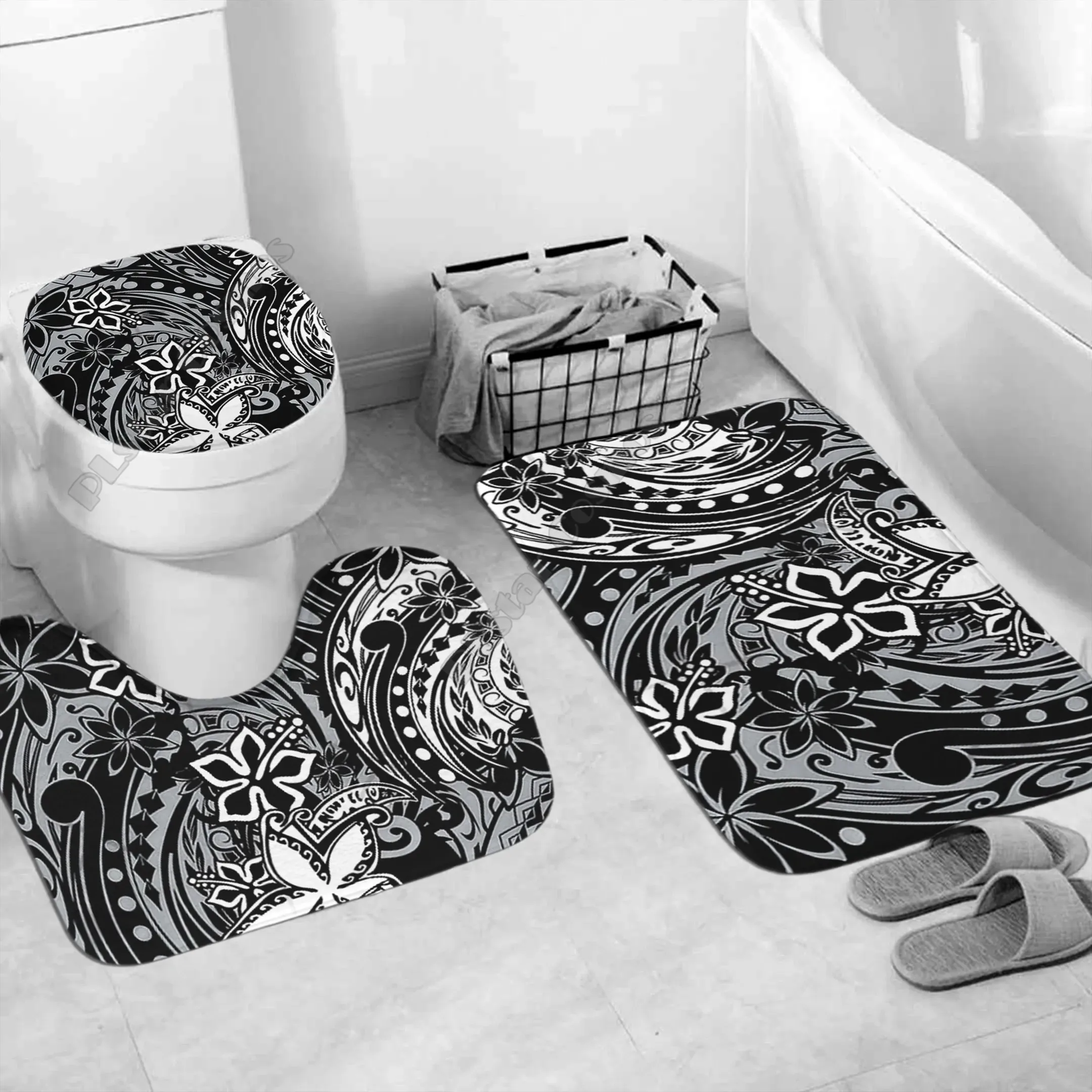 Polynesian Home Set - Polynesian Tribal Abstract Bathroom Set 3D printed Bathroom Pedestal Rug Lid Toilet Cover Bath Mat Set