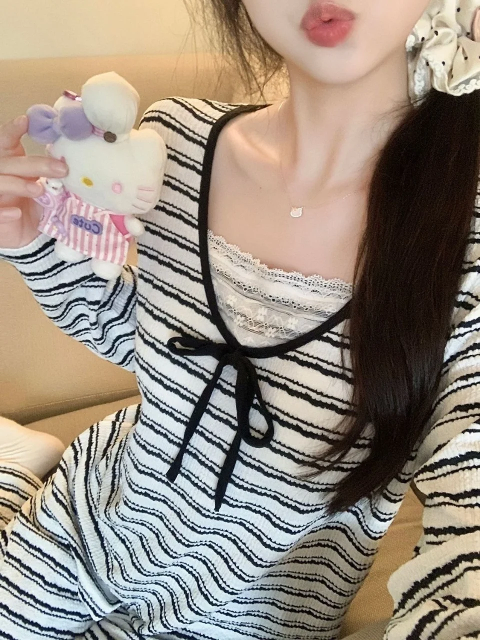 Y2K Harajuku style spicy girl blue stripe with chest cushion pajama set autumn/winter home wear women's long sleeved pants set