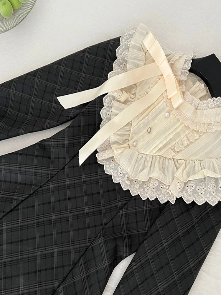 Französisch stil retro karierten spitze rand geraffte taille abnehmen temperament kleid frauen herbst neue elegante süße kurzen rock