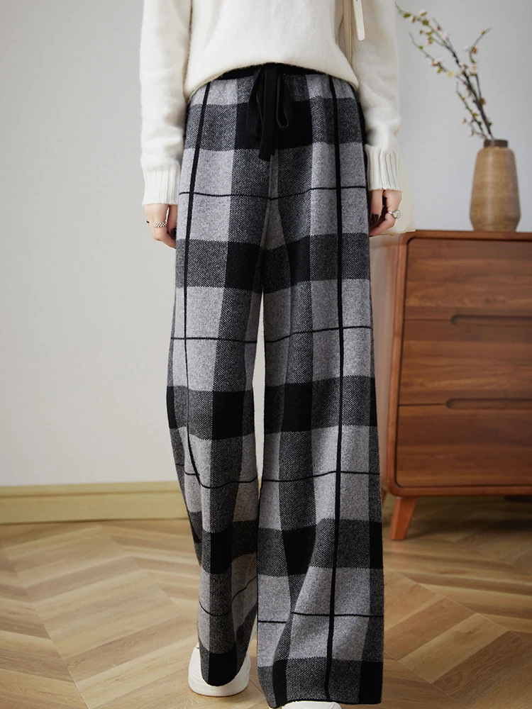 100% Wool Checkered Wide Leg Pants Women' Knitted Thick Straight leg Pants Matching Color Loose Mopping Pants Autumn Fashion New