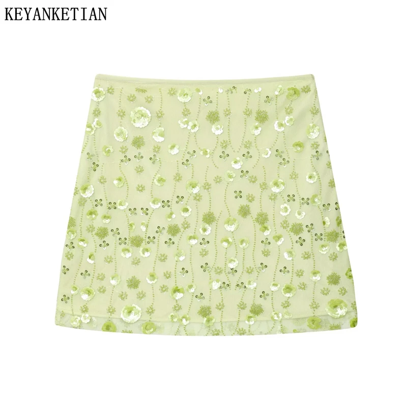 KEYANKETIAN 2025 Summer New Bohemian style Beading Sequined Embroidery Mini Skirt Zipper High Waist Women Slim Fresh Mesh Skirt