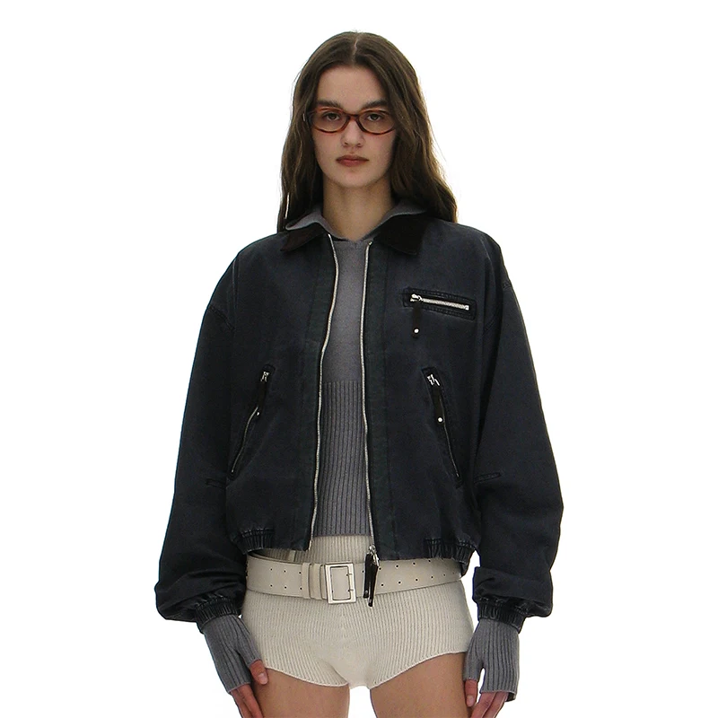 

Partimento 2025 Spring Women's ort Jaet Versatile Harajuku Sle Cotton Long Sve Zipper Closure Casual Outerwear