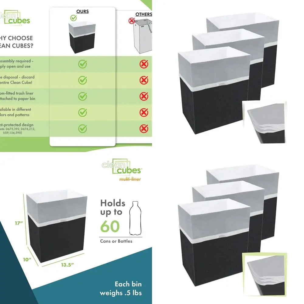 

3-Pack 13 Gallon Collapsible Trash Cans with Multi-Liner Bags - Portable Garbage and Recycling Bins for Events, Kitchen (Black,