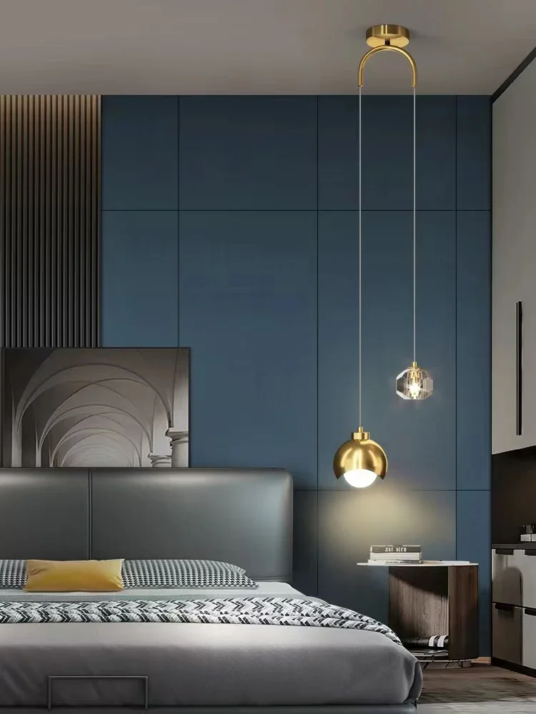 Cabecero de dormitorio de cobre lleno, luz colgante de fondo de lujo, lámpara de cristal de ambiente de pared, accesorios de iluminación de línea larga de línea nórdica