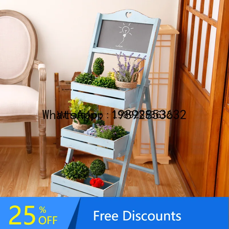 G1  Vintage Solid Wood Three-Layer Folding Flower Stand Restaurant Window Country Style Ladder Balcony Green Plant Ornament