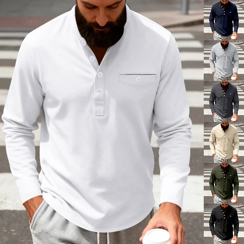 Men's Bottoming Shirt With Autumn And Winter Loose Casual Heavy Stand-up Collar Henry Shirt Long-sleeved T-shirt