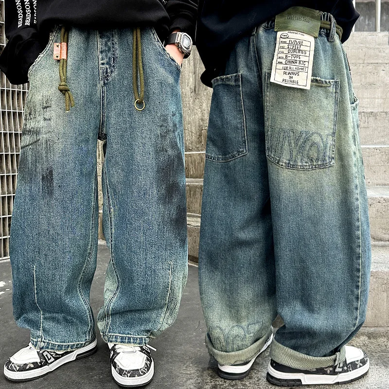 

Teenage Boys Jeans Spring and Autumn Long Pants Children Fashion Retro Loose Pants Boys Trendy Straight-leg Wide-leg Pants