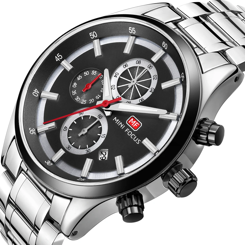 Mini Focus MF0081G Men Quartz Watches Waterproof Luminous Hands Silver Stainless Steel Band Classic Business Watch