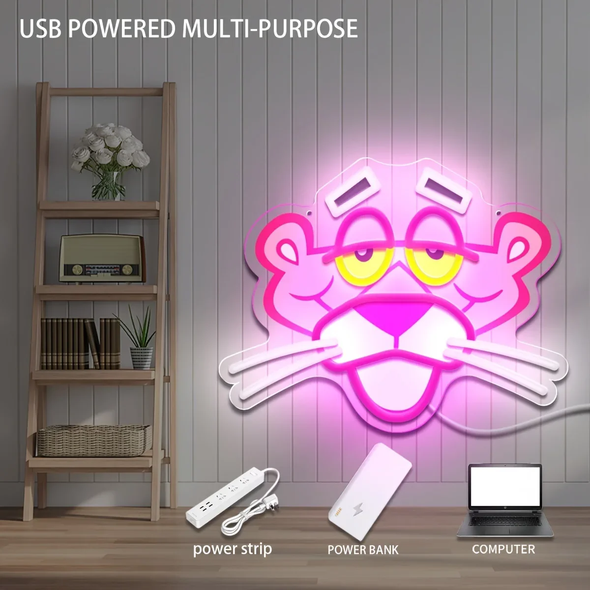 النمر الوردي النيون جدار ديكور فيلم الكرتون ضوء النيون لحفلة عيد ميلاد غرفة الطفل غرفة المعيشة بار ديكور هدية للطفل