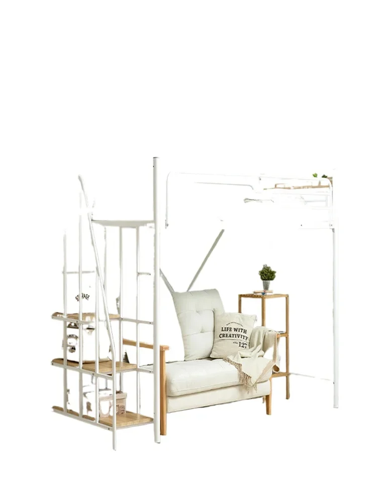 

Cream wind children's high and low bed wrought iron child and mother bed small apartment space saving storage bed under table