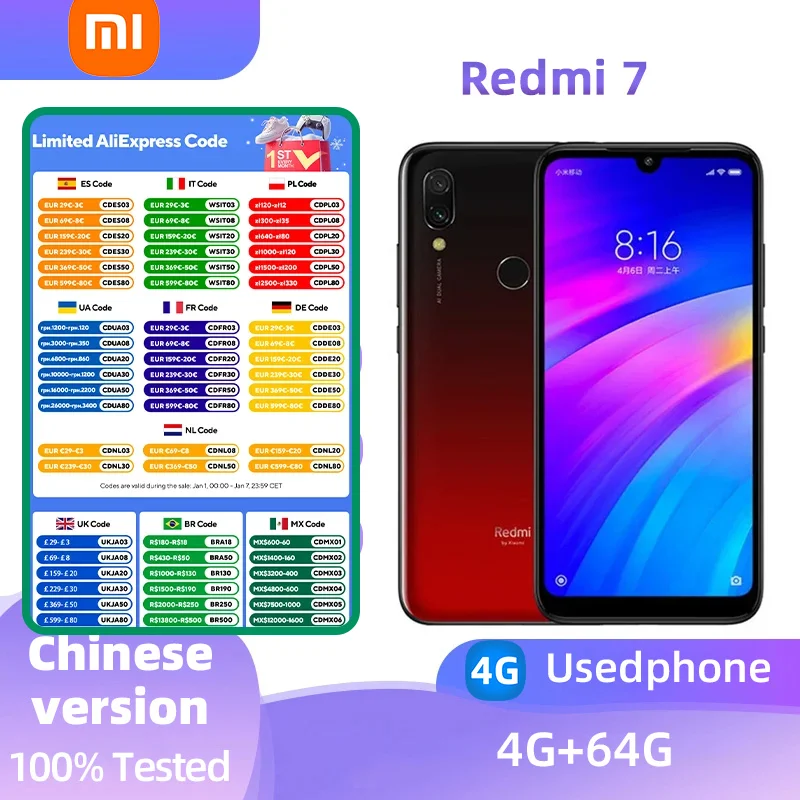 Xiaomi Redmi 7 4G Android 6.26 inch RAM 4GB ROM 64GB Qualcomm Snapdragon 632 Used phone