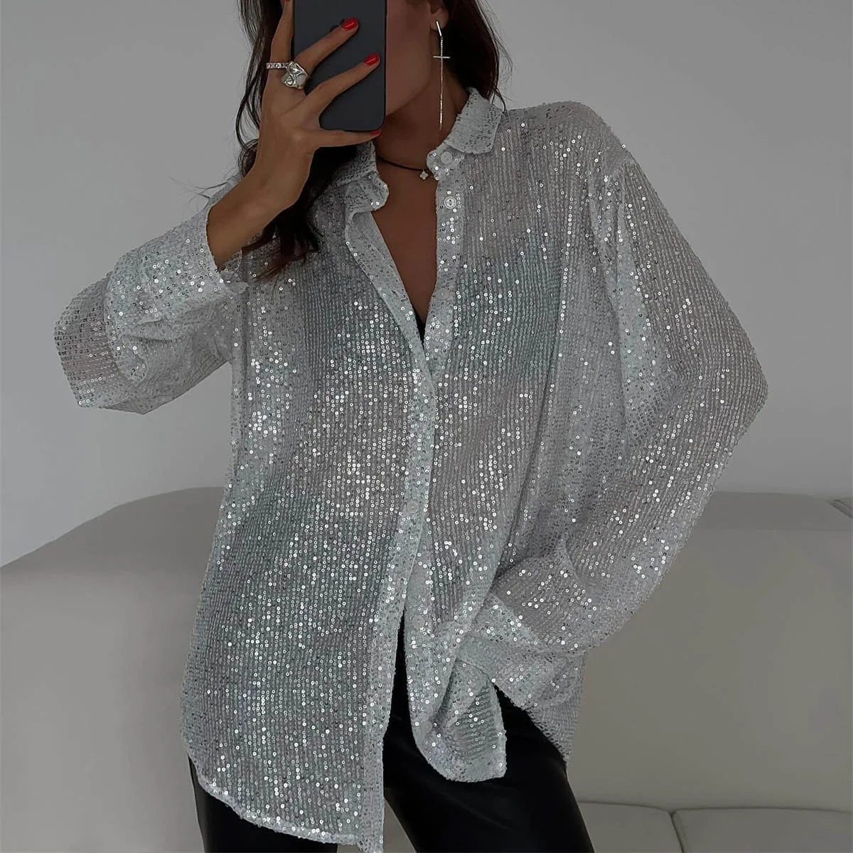 Camicetta di lusso con paillettes Camicia ampia lucida Colletto rovesciato Top monopetto a maniche lunghe da donna Abbigliamento femminile di base