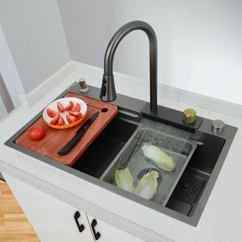Kitchen Stainless Steel Feiyu Waterfall Sink Basin Middle Basin Drain Basket Handmade Nano Large Single Sink Vegetable Basin