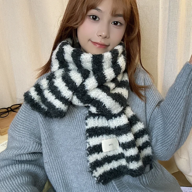 Soft Color Contrast Stripe Wool Blends Scarf Women Winter Warm Knit Neckerchief Unisex