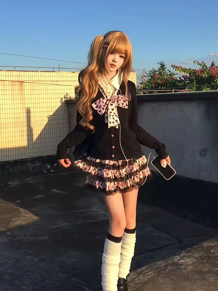 اليابانية Kawaii الرجعية لينة فتاة تنورة مجموعات لوليتا الحلو ولطيف بلوزات بأكمام طويلة + Y2k الدانتيل كعكة تنورة 2025 الخريف ملابس جديدة