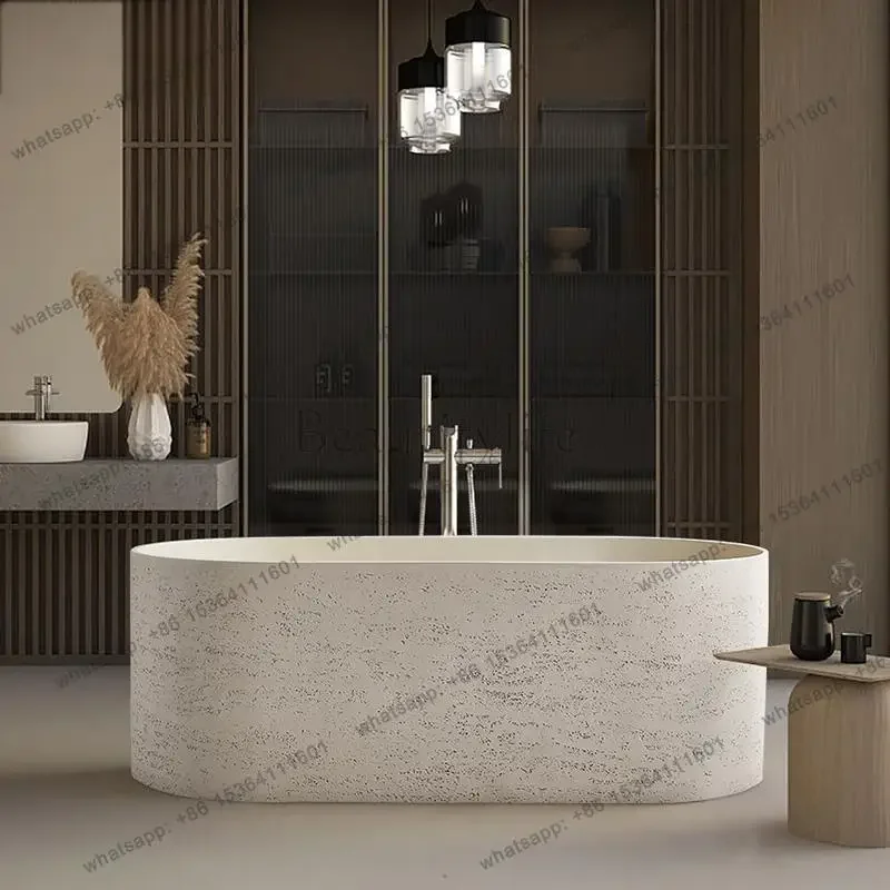 FG11Japanese Wabi-Sabi Cultured Stone Bathtub, Artistic Freestanding Soaking Tub, Heat Retention & Easy Clean, Body Contour Desi