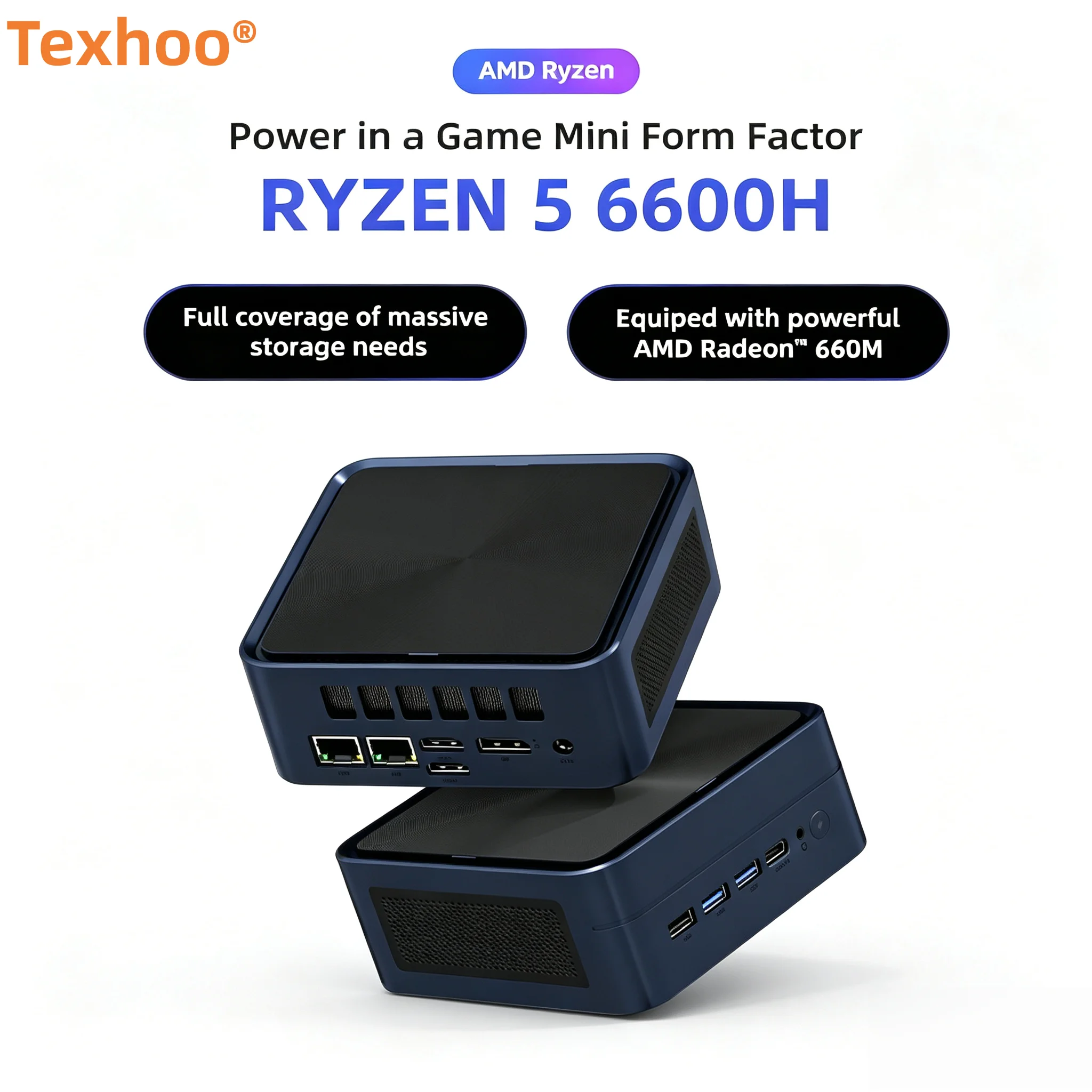 Texhoo MINI PC FP7 AMD Ryzen 5 6600H 4.5GHz LPDDR5 16GB RAM 512G SSD WIFI6 BT5.2 Portable MINIPC Windows 11 Desktop Computer