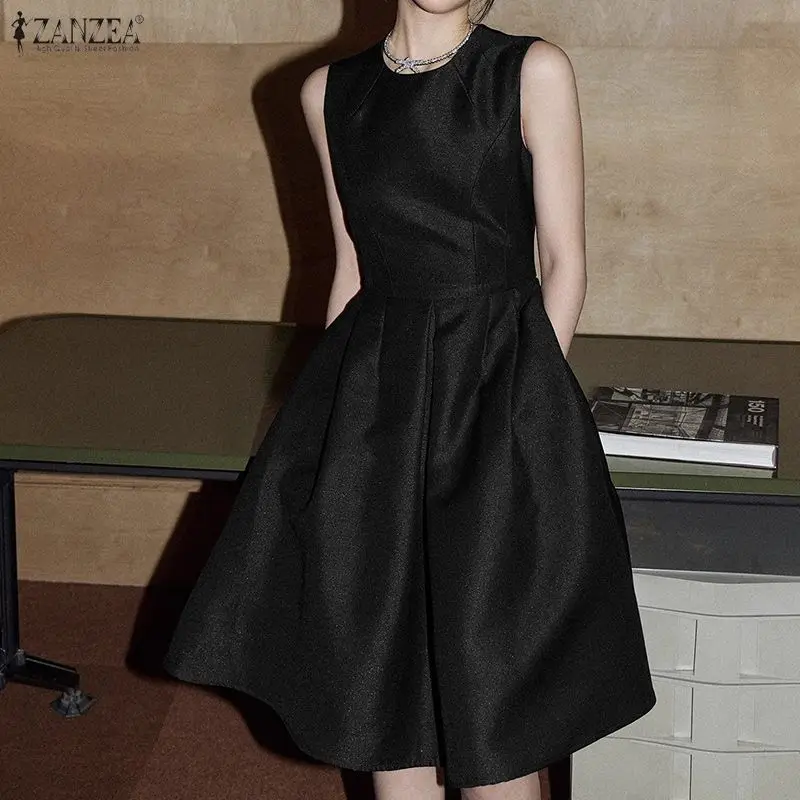 ชุดเดรสยาวคลุมเข่าสำหรับงานปาร์ตี้ฤดูร้อน แขนกุด ดีไซน์หรูหราจาก ZANZEA ผ้าซาตินเนื้อผ้าไหม คอทรงโอ แฟชั่นสำหรับงานแต่งงานหรือใส่ลำลอง สีพื้น