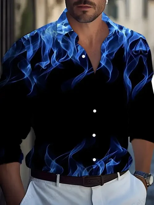 

Mens Long Sleeve Shirt Stylish Flame 3d Print Shirt Men Women Fashion Button-Up Casual Hawaiian Shirts Office Blouse Regular Fit