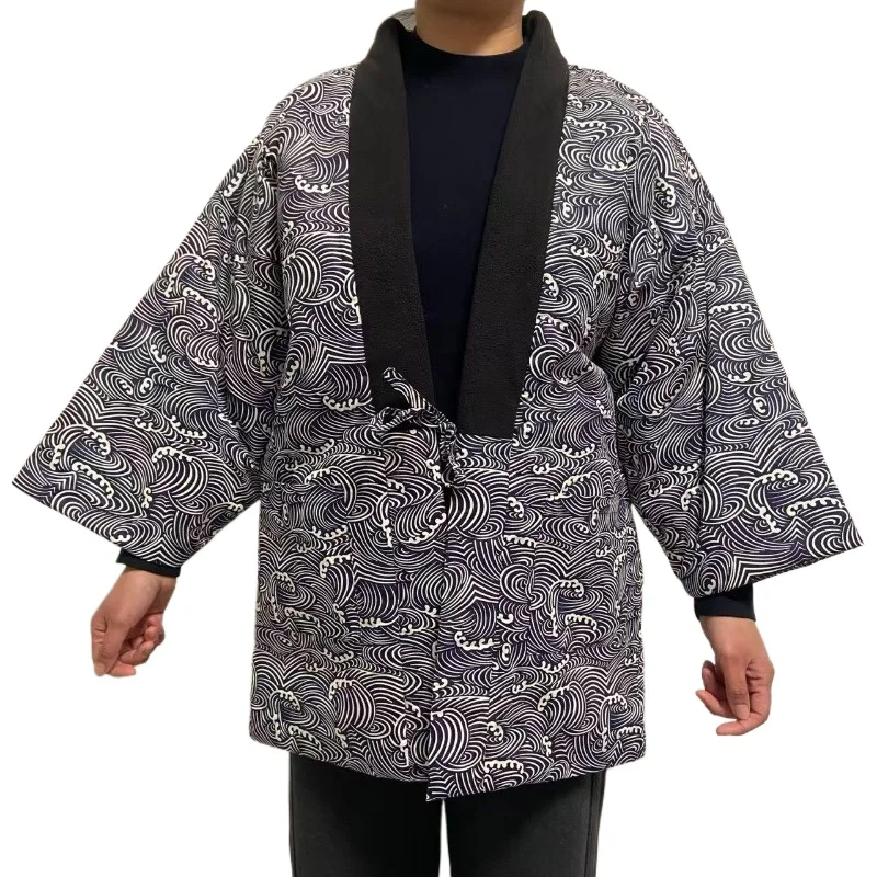 

Традиционная японская куртка Хантен унисекс, зимнее кимоно, стеганый кардиган Нораги с волнообразным принтом, свободный крой, верхняя одежда в стиле Харадзюку