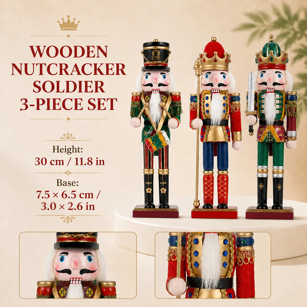 3Pcs 30CM Wooden Nutcracker Puppet Figurine Hand Painted Nutcracker Soldier Model Doll Christmas Ornaments Home Decoration