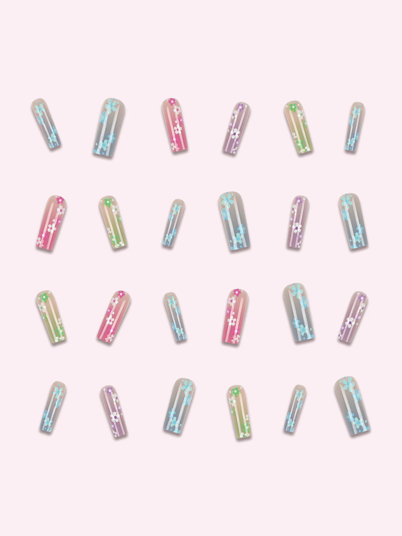 24-teilige künstliche Nägel in Sargform für Damen im französischen Stil, künstliche mehrfarbige Blumenverlaufsnägel zum Aufdrücken