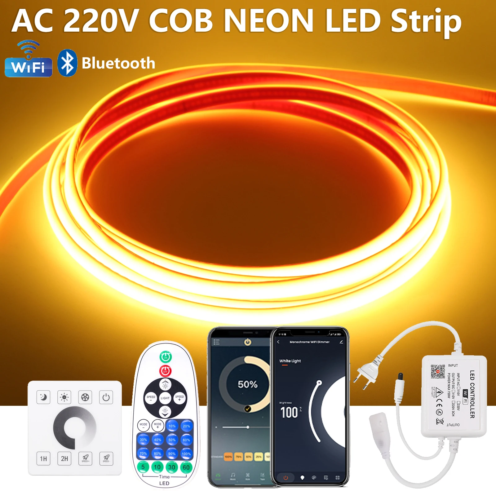 

COB LED Strip 220V High Brightness LED Lights Adhesive Strip Wifi Bluetooth Wall Touch Remote Control Waterproof LED Tape Ribbon