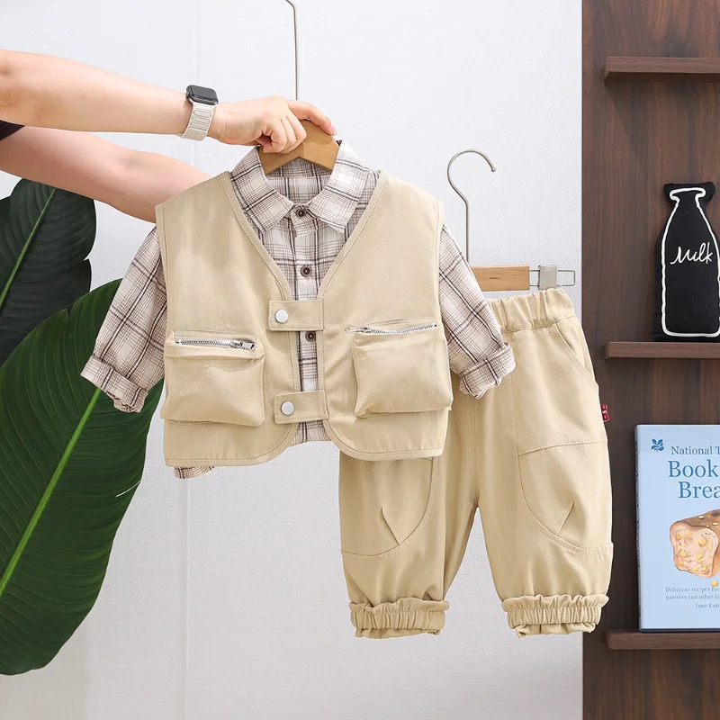 

New Spring Autumn Baby Clothes Suit Children Boys Vest Plaid Long Sleeved Shirt Pants 3Pcs/Sets Kids Clothing Infant Tracksuits
