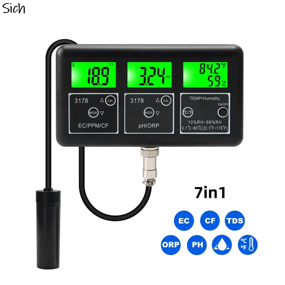 7 in 1 Digital PH Meter Humidity Temp ORP TDS EC CF Tester Water Quality Purity Tester Device Monitor for Aquarium Pool