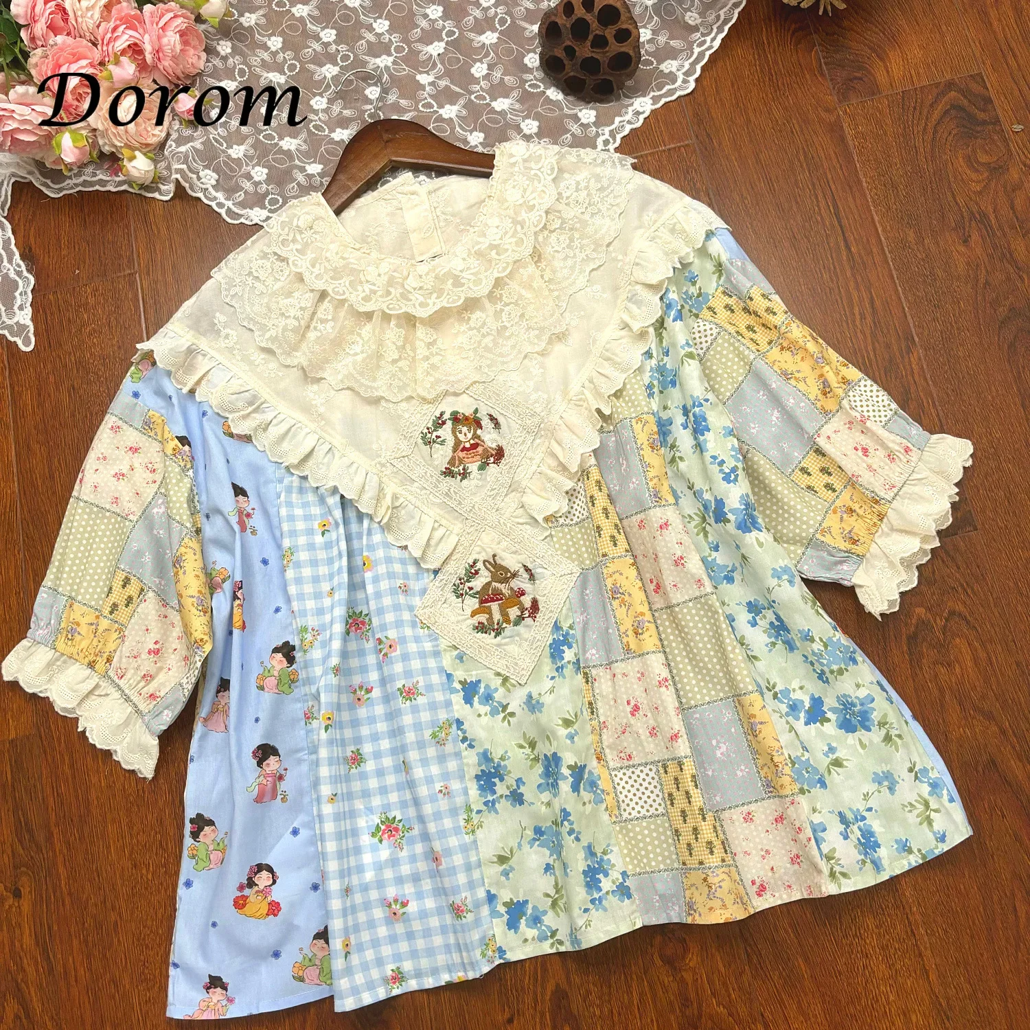 Vintage Lace Ptachwork lolita shirt Women Summer peter pan collar short sleeve shirts and blouses Japanese Mori Girl Loose Tops