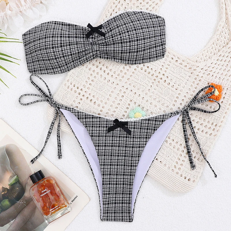 

Black White Plaid 2 Piece Strapless Swimsuit for Women Sexy Bandeau Backless Bikini Set Lace-up Patchwork Bathing Suit 2026 New