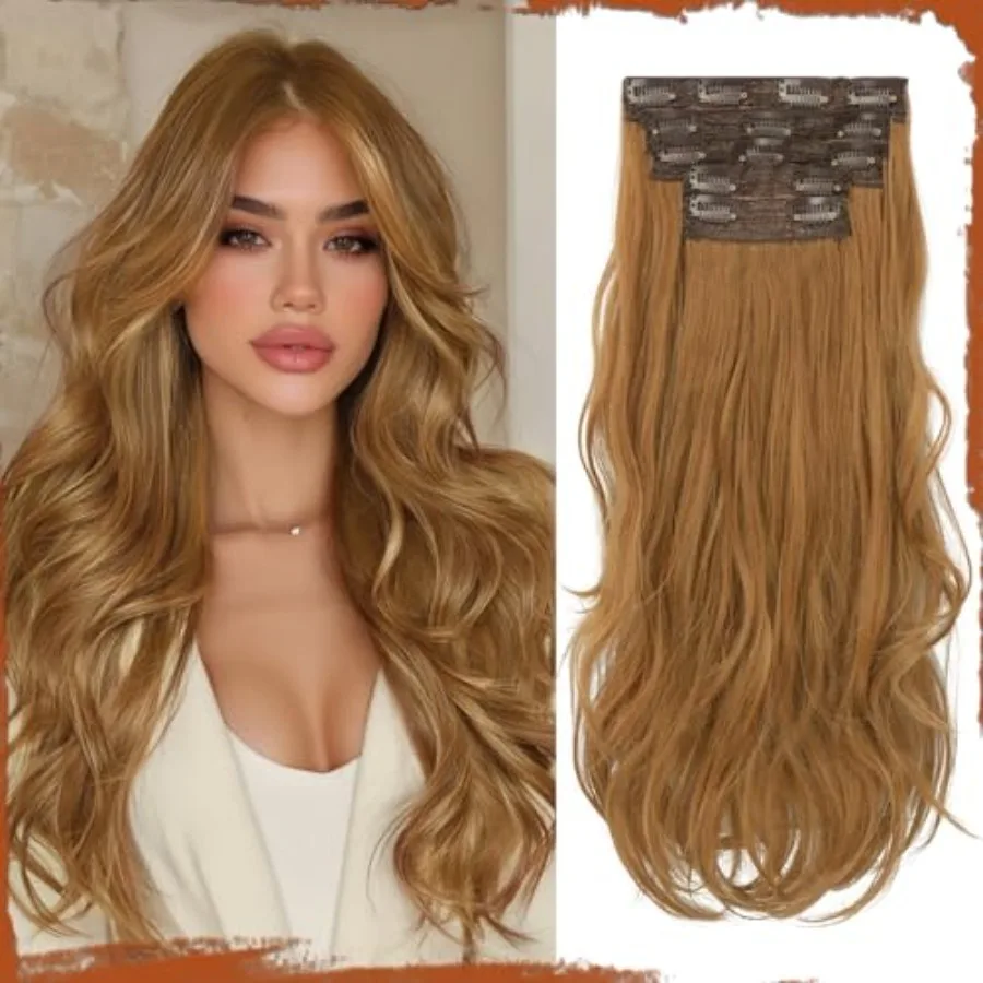 

Clip in Hair Extensions, Light Auburn Hair Extensions 20 Inch Long Loose Wavy Clip in for Women 5PCs Invisible Lace Weft Thick