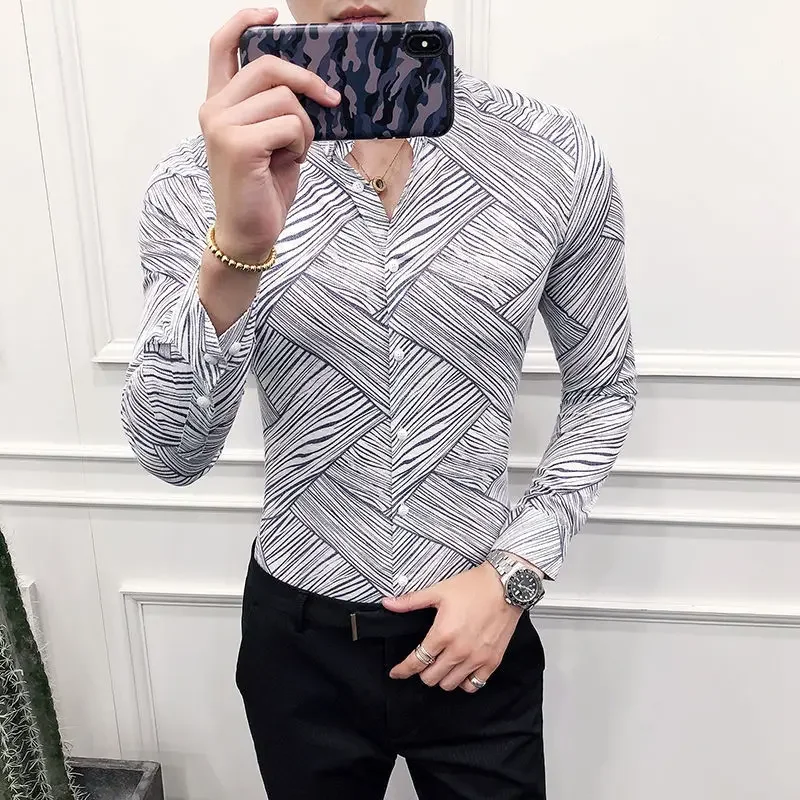 Fashion Spring Men Clothing Shirts New Lapel Printing Streetwear England Smart Office Social Long Sleeve Slim Tops JJ251