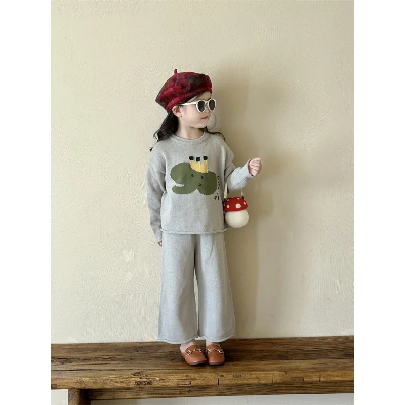 

Girls sweater suit2024Autumn New Baby Girl Casual Two-Piece Suit Children Elephant Top Pants