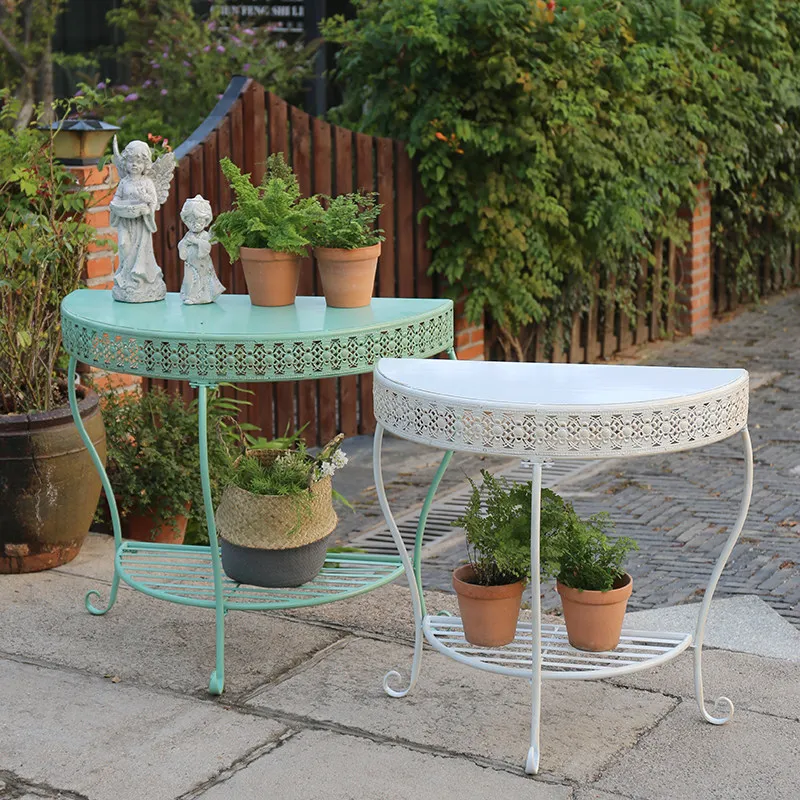

American wrought iron semi-round entrance table balcony flower stand living room entry table floor-to-ceiling wall rack storage
