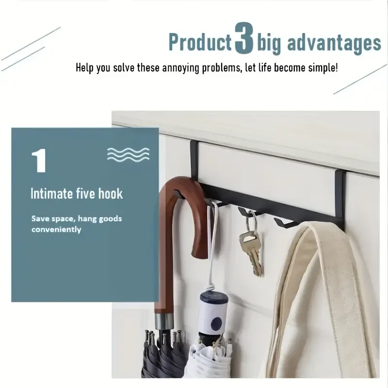 1Pcs Space-Saving 5-Hook Door Hanger - Easy Install, Contemporary Style, Durable Storage for Coats