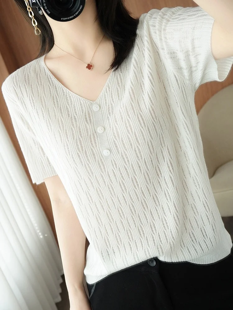 TuangBiang Summer 2023 Translucent Hollow Out Women Pullovers Button V-Neck Short Sleeve Knitted Grey T-Shirt Cotton Thin Tops