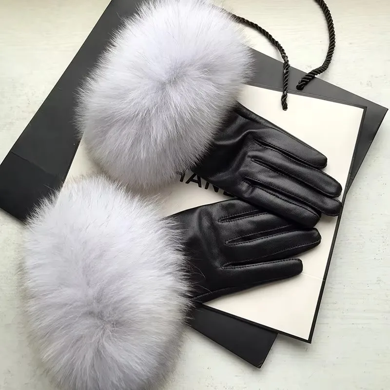 

Natural Fox Fur Sheepskin Gloves Women Fluffy Big Fur Leather Gloves Plus Velvet Warm Female 100% Real Leather Gloves Outdoor