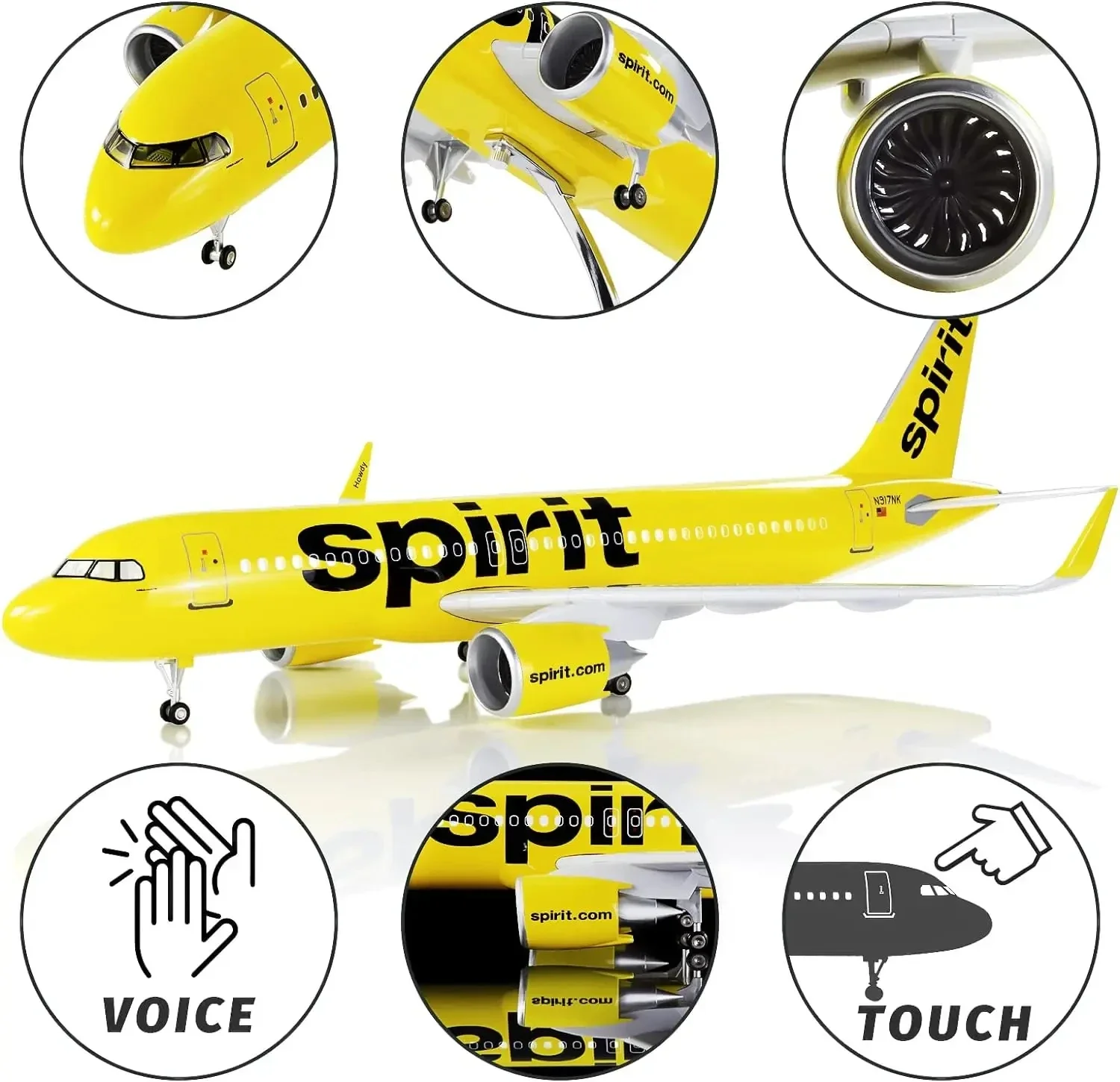 1:80 Scale Large Airplane Model Spirit Airlines Airbus 320 Plane Model Diecast Airplanes with LED Light for Collection or Gift