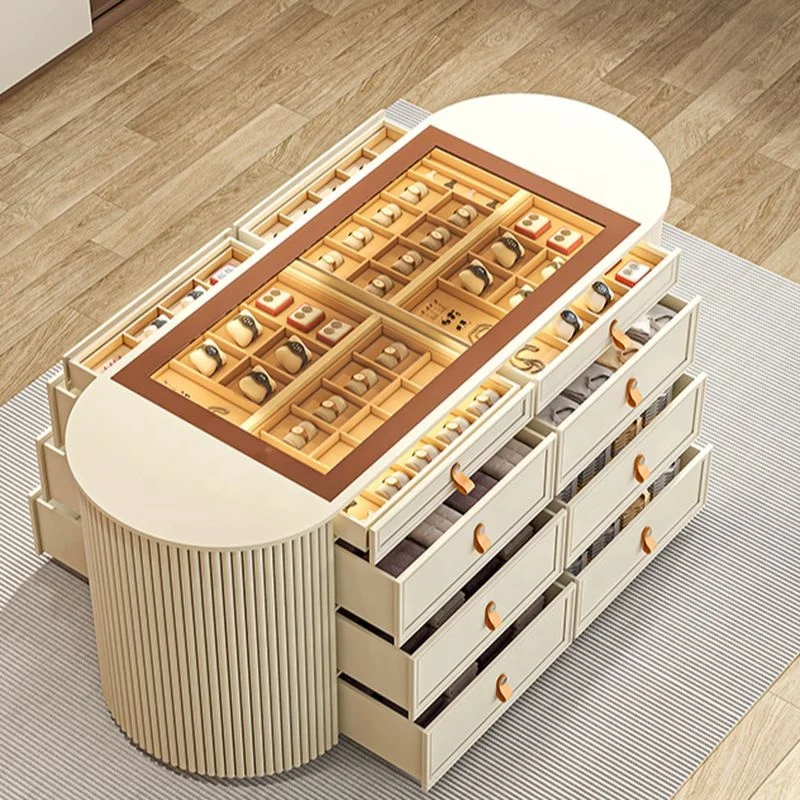 Walk-in Closet Chest of Drawer Glass Countertop and groove Side Solid Wood Panel Drawer With LED Light Island Cabinet view 3