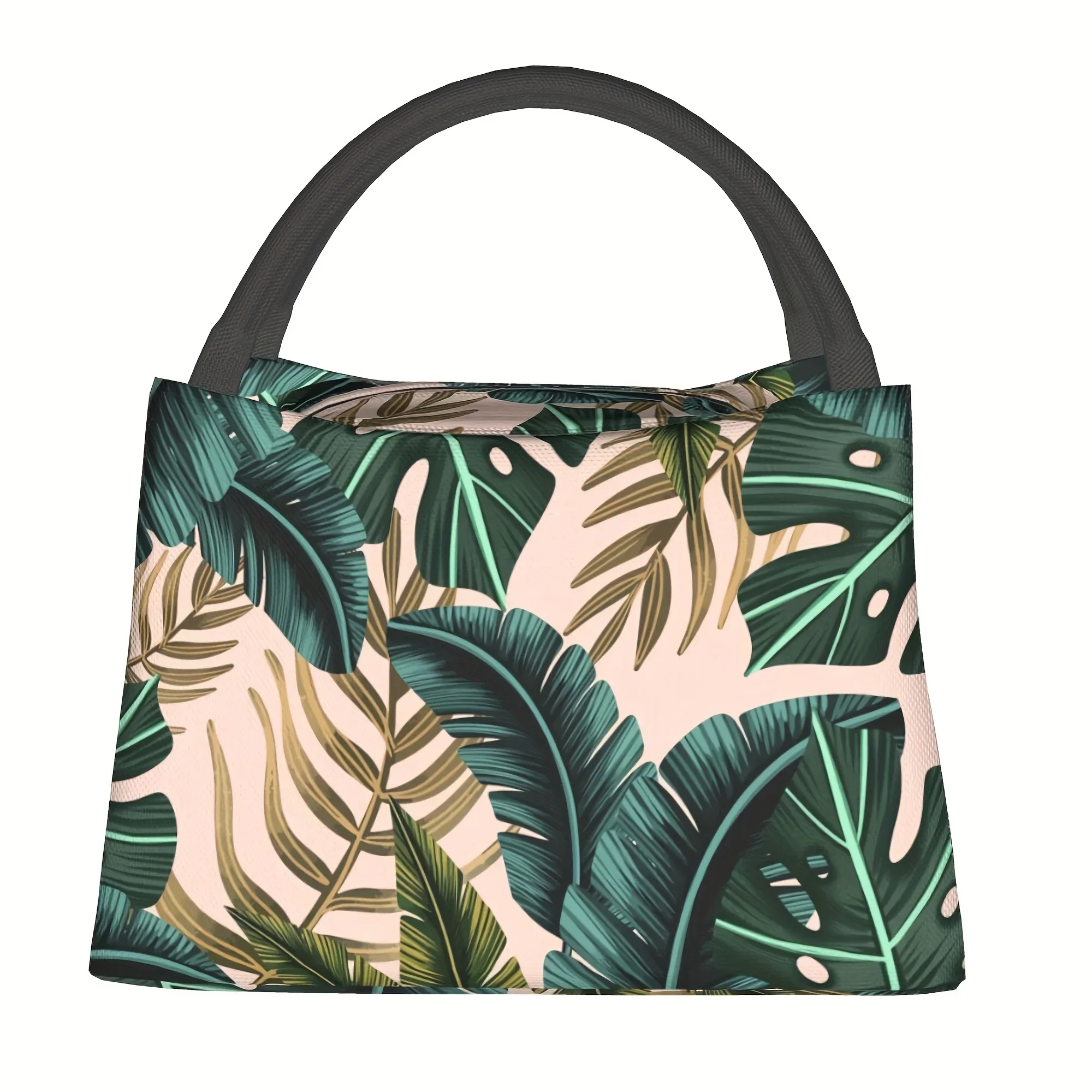Tropical Leaf Print Insulated Lunch Bag Reusable Polyester Lunch Tote for Office Picnics Hiking Beach