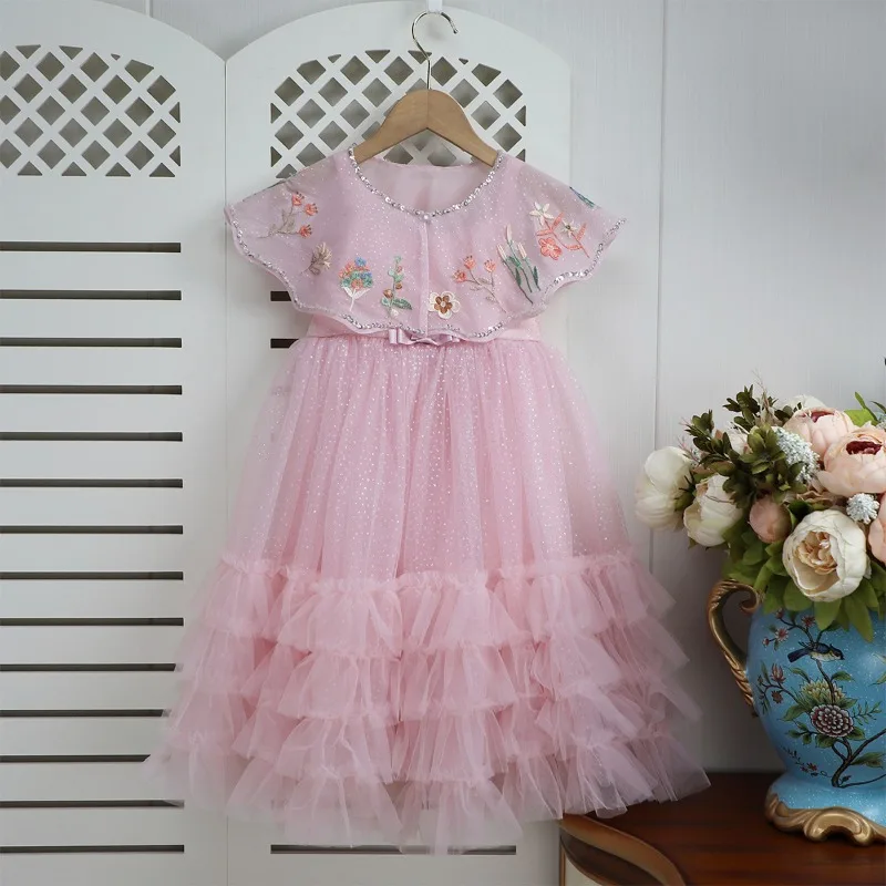 Pink Dresses Girls Spaghetti Strap Puffy Tulle Tiered Dress Children Princess Ball Party Pageant Evening Wear Gown Cape Birthday
