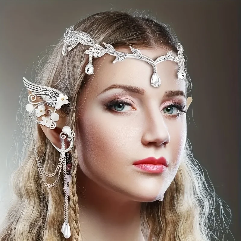

A set of fairy-themed accessories, including an amphibious headband and elf ear clips, for bridal, prom, photography, and cospla