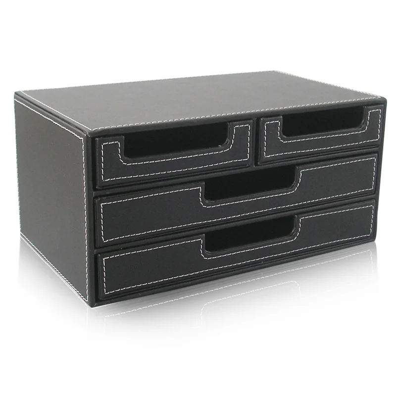 Black Leather Small Four Drawer File Cabinet Desktop Stationery  Multi-organization Cabinet Bill Envelope Storage Cabinet Drawer - view 2