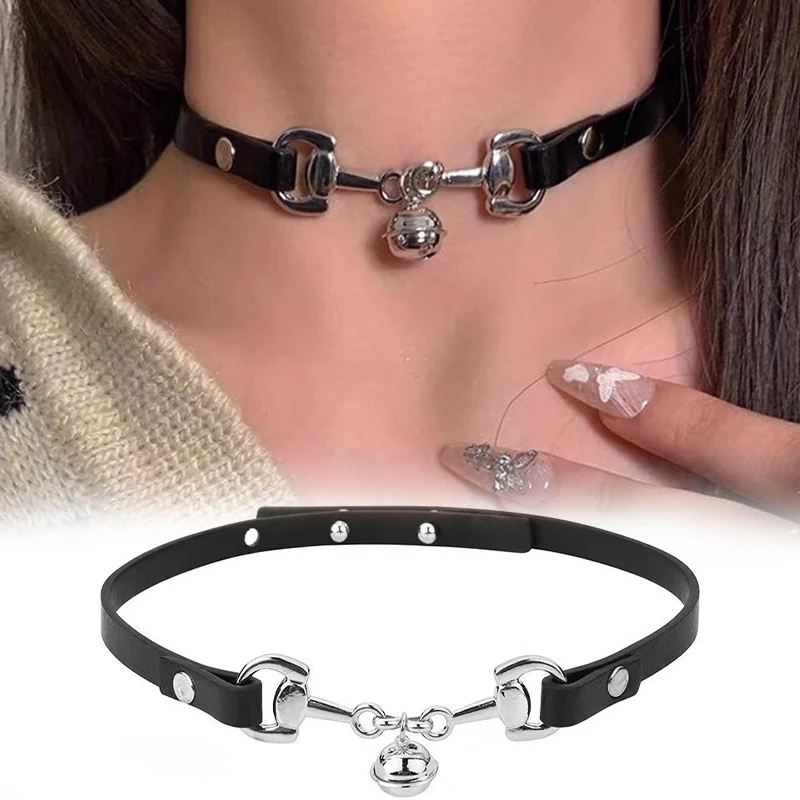 Vintage Y2K Sexy Necklace for Women Girls Fashion Punk Bell Pendant Pu Leather Choker Collar Chain Goth Jewelry Accessories Prop